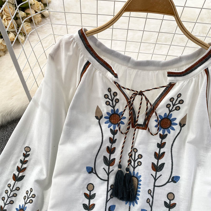 Nimara Ritual Casual Embroidery Flower Leaf Pattern Women's Cotton Linen Round Neck T-shirt