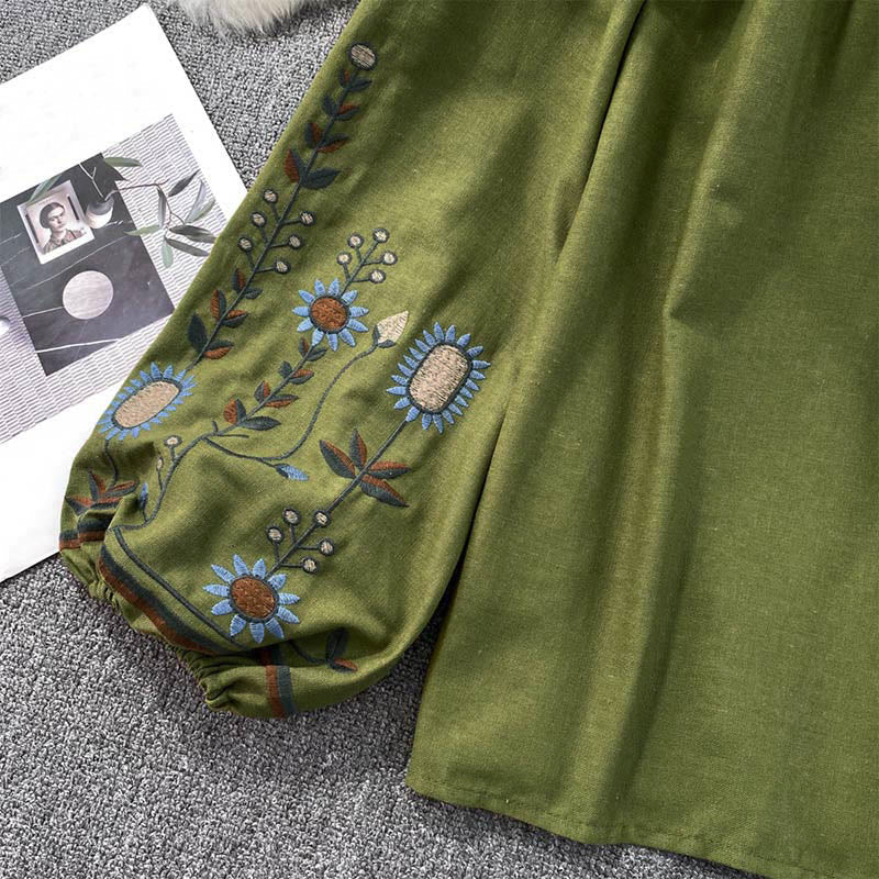 Nimara Ritual Casual Embroidery Flower Leaf Pattern Women's Cotton Linen Round Neck T-shirt