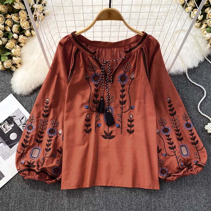 Nimara Ritual Casual Embroidery Flower Leaf Pattern Women's Cotton Linen Round Neck T-shirt