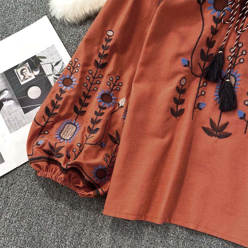 Nimara Ritual Casual Embroidery Flower Leaf Pattern Women's Cotton Linen Round Neck T-shirt