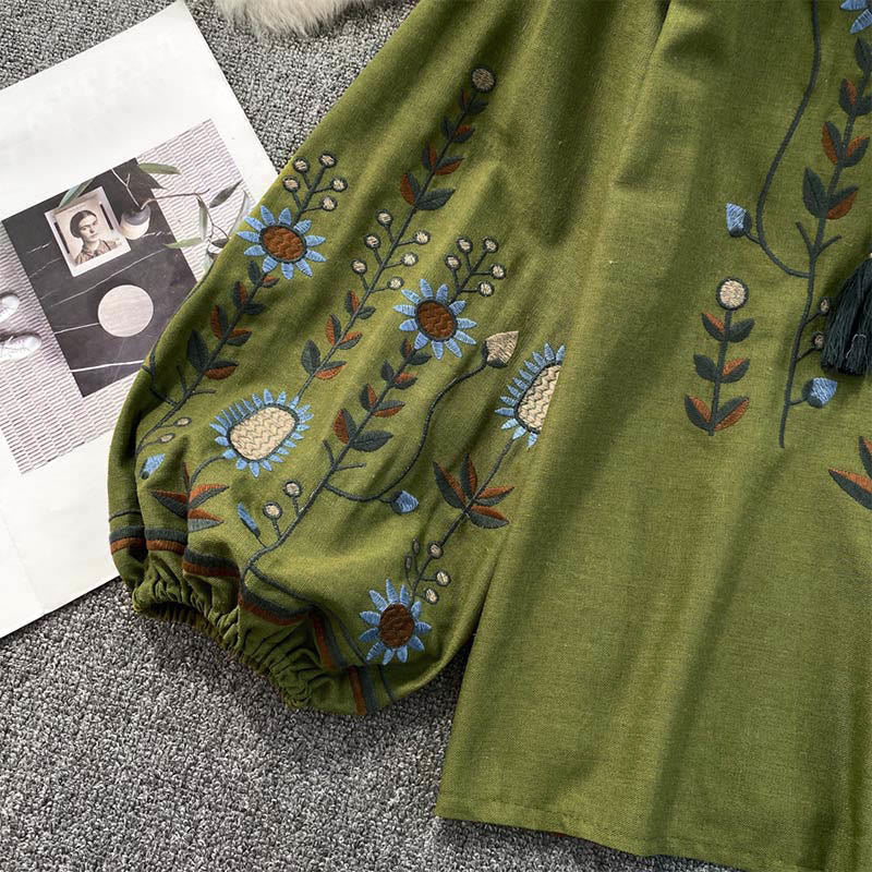 Nimara Ritual Casual Embroidery Flower Leaf Pattern Women's Cotton Linen Round Neck T-shirt