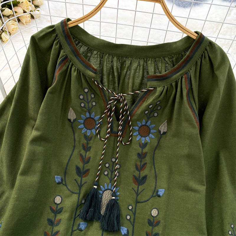 Nimara Ritual Casual Embroidery Flower Leaf Pattern Women's Cotton Linen Round Neck T-shirt