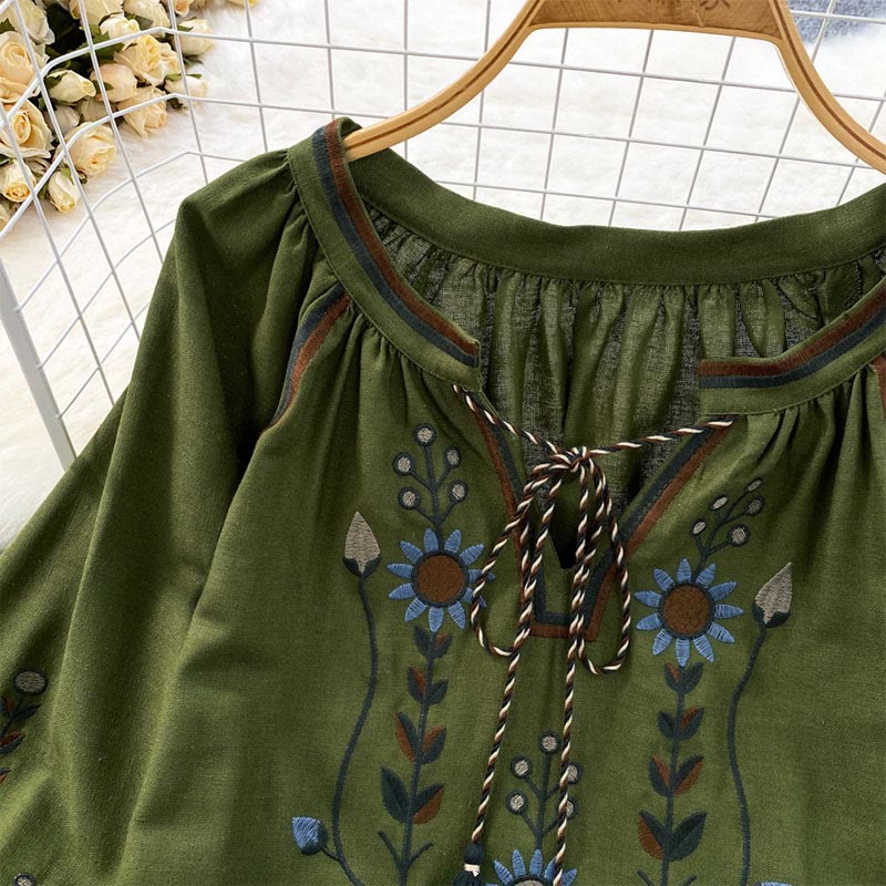 Nimara Ritual Casual Embroidery Flower Leaf Pattern Women's Cotton Linen Round Neck T-shirt