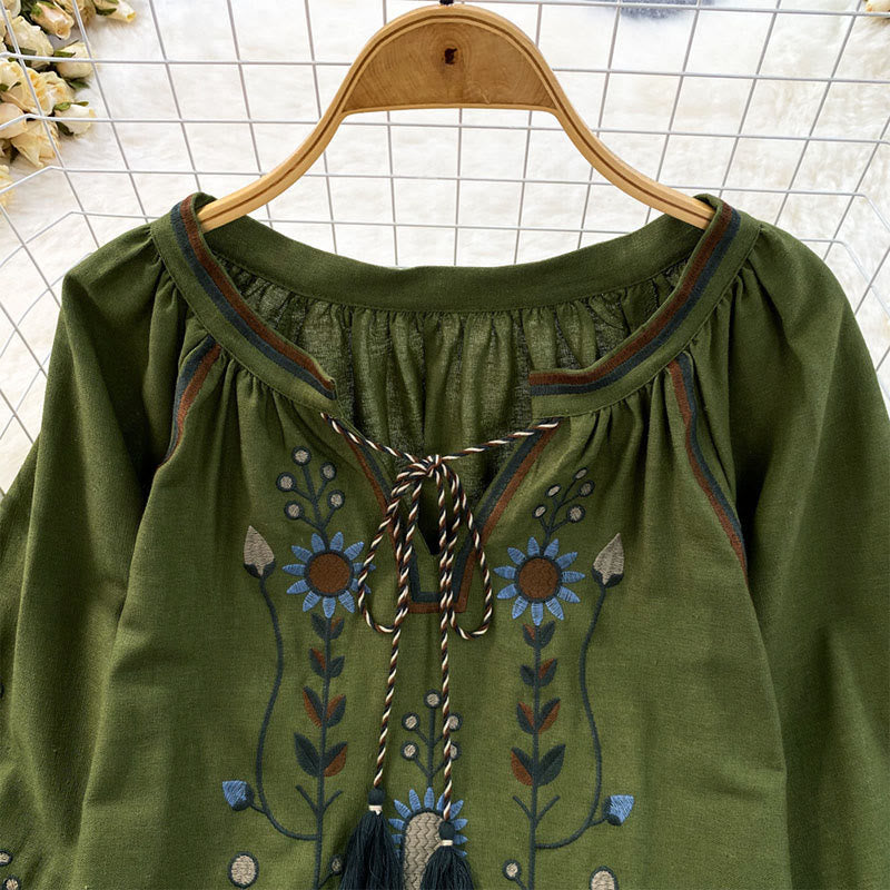 Nimara Ritual Casual Embroidery Flower Leaf Pattern Women's Cotton Linen Round Neck T-shirt