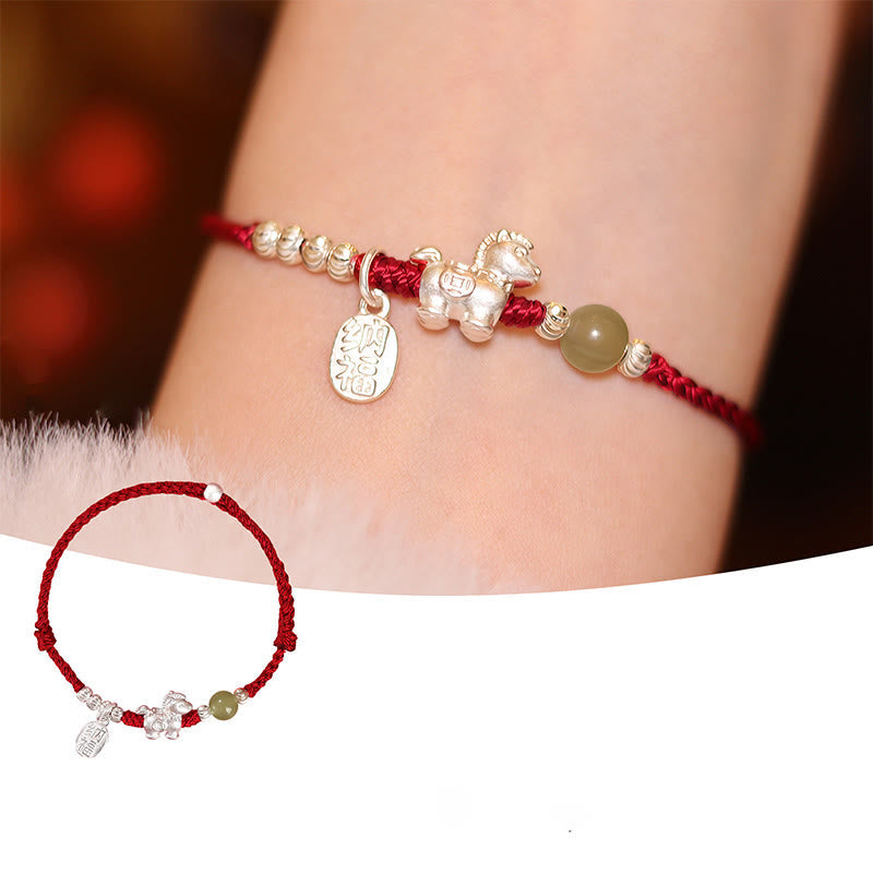 Nimara Ritual Year Of The Horse Cinnabar Hetian Jade 999 Sterling Silver Red String Concentration Bracelet