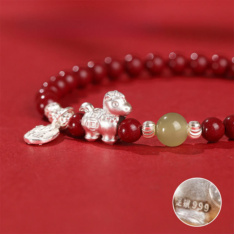 Nimara Ritual Year Of The Horse Cinnabar Hetian Jade 999 Sterling Silver Red String Concentration Bracelet
