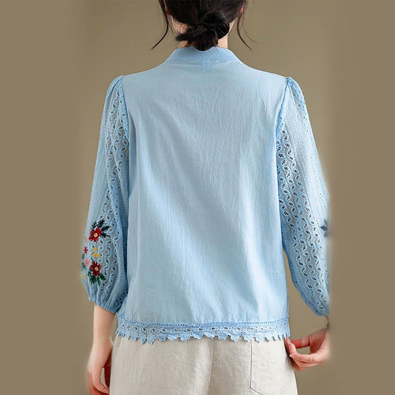 Nimara Ritual Fall Lace Embroidery Flower Leaf Pattern Stand Collar Buttons Women's Long Sleeve Shirt