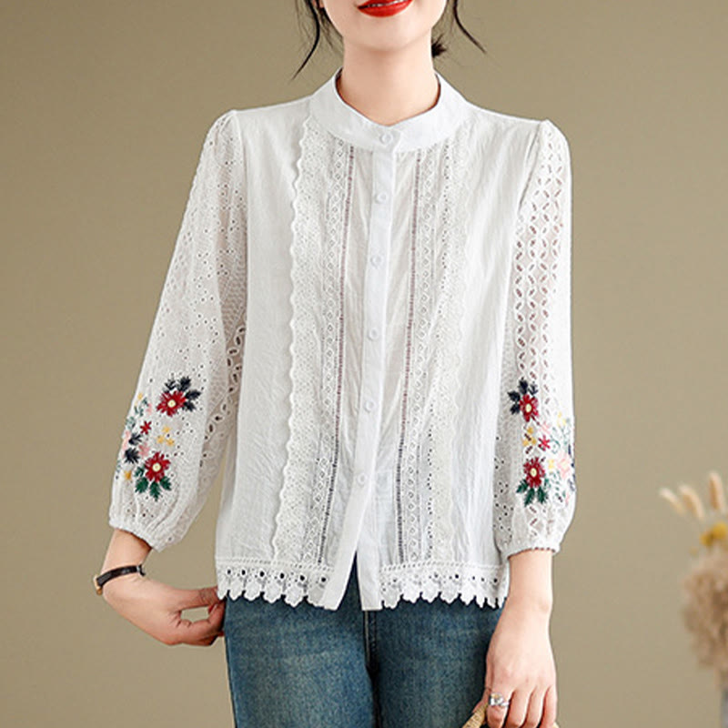 Nimara Ritual Fall Lace Embroidery Flower Leaf Pattern Stand Collar Buttons Women's Long Sleeve Shirt