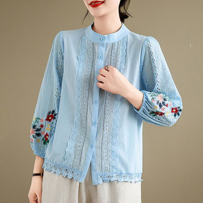 Nimara Ritual Fall Lace Embroidery Flower Leaf Pattern Stand Collar Buttons Women's Long Sleeve Shirt