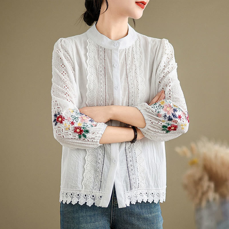 Nimara Ritual Fall Lace Embroidery Flower Leaf Pattern Stand Collar Buttons Women's Long Sleeve Shirt