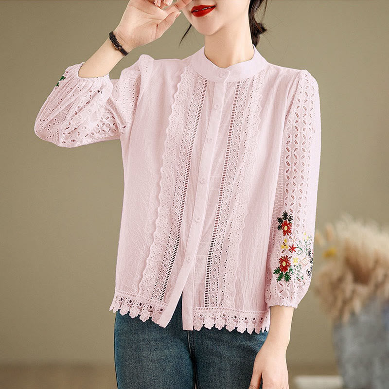 Nimara Ritual Fall Lace Embroidery Flower Leaf Pattern Stand Collar Buttons Women's Long Sleeve Shirt