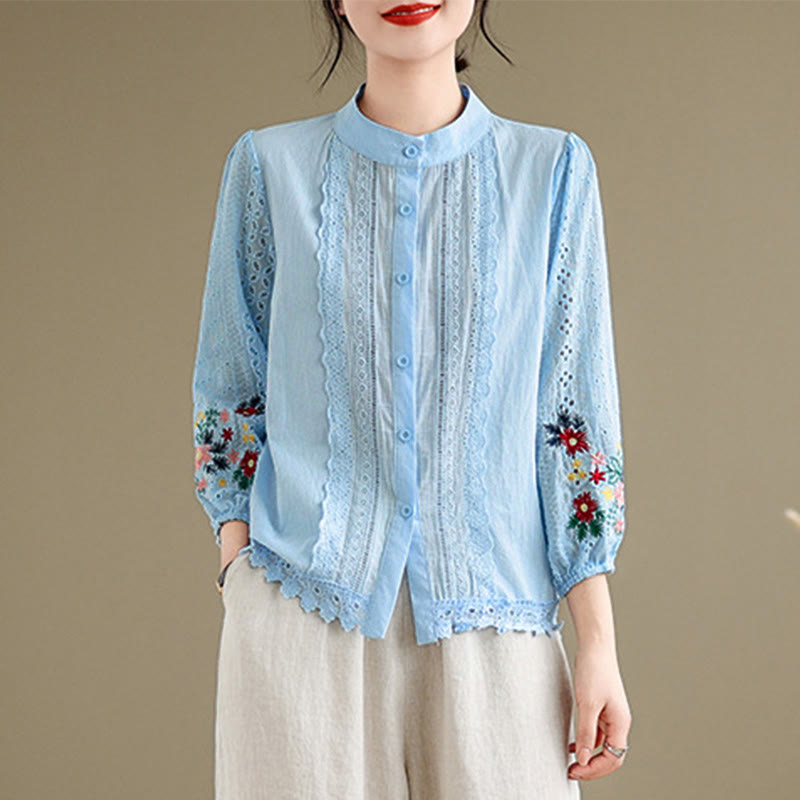 Nimara Ritual Fall Lace Embroidery Flower Leaf Pattern Stand Collar Buttons Women's Long Sleeve Shirt