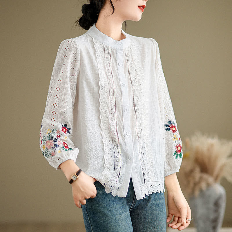 Nimara Ritual Fall Lace Embroidery Flower Leaf Pattern Stand Collar Buttons Women's Long Sleeve Shirt
