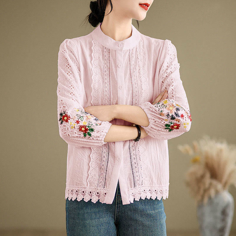 Nimara Ritual Fall Lace Embroidery Flower Leaf Pattern Stand Collar Buttons Women's Long Sleeve Shirt