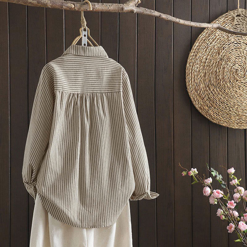 Nimara Ritual Fall Stripe Stand Collar Buttons Women's Long Sleeve Shirt With Pocket