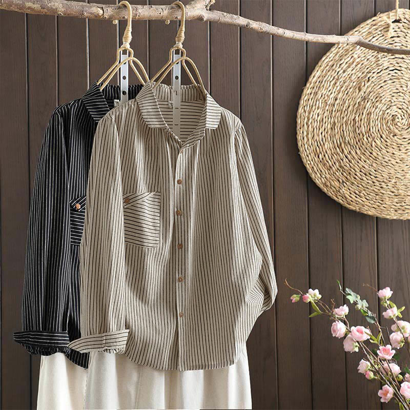 Nimara Ritual Fall Stripe Stand Collar Buttons Women's Long Sleeve Shirt With Pocket