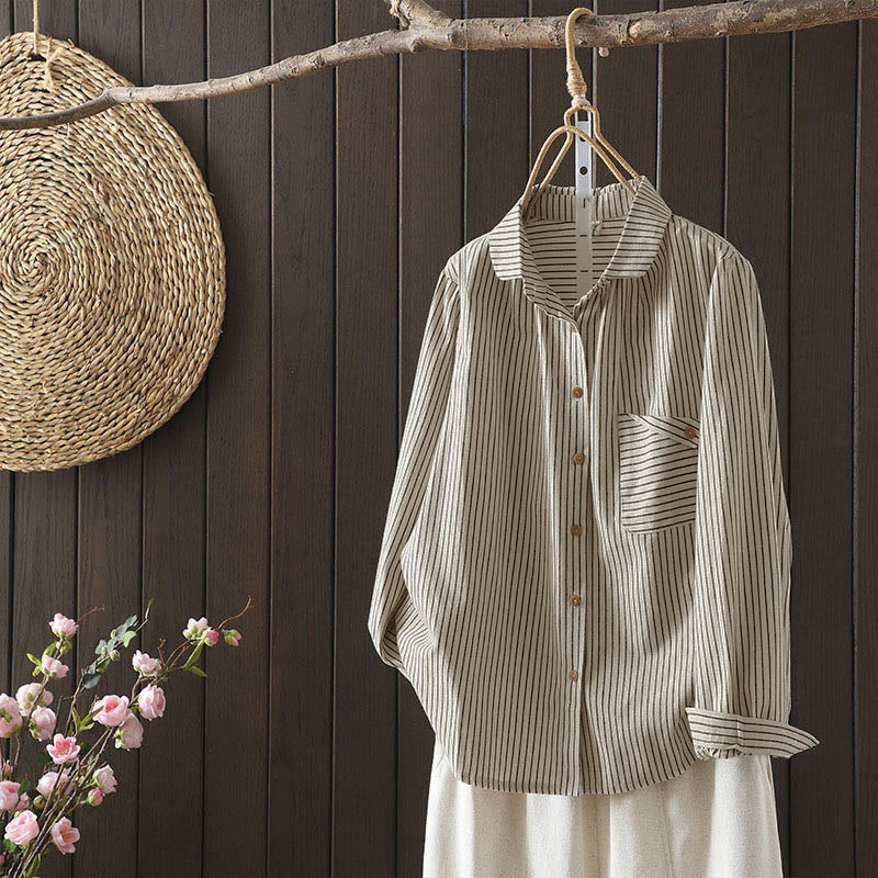 Nimara Ritual Fall Stripe Stand Collar Buttons Women's Long Sleeve Shirt With Pocket