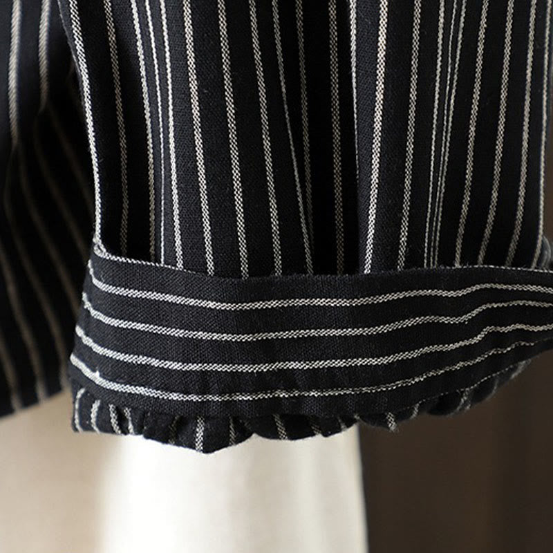 Nimara Ritual Fall Stripe Stand Collar Buttons Women's Long Sleeve Shirt With Pocket