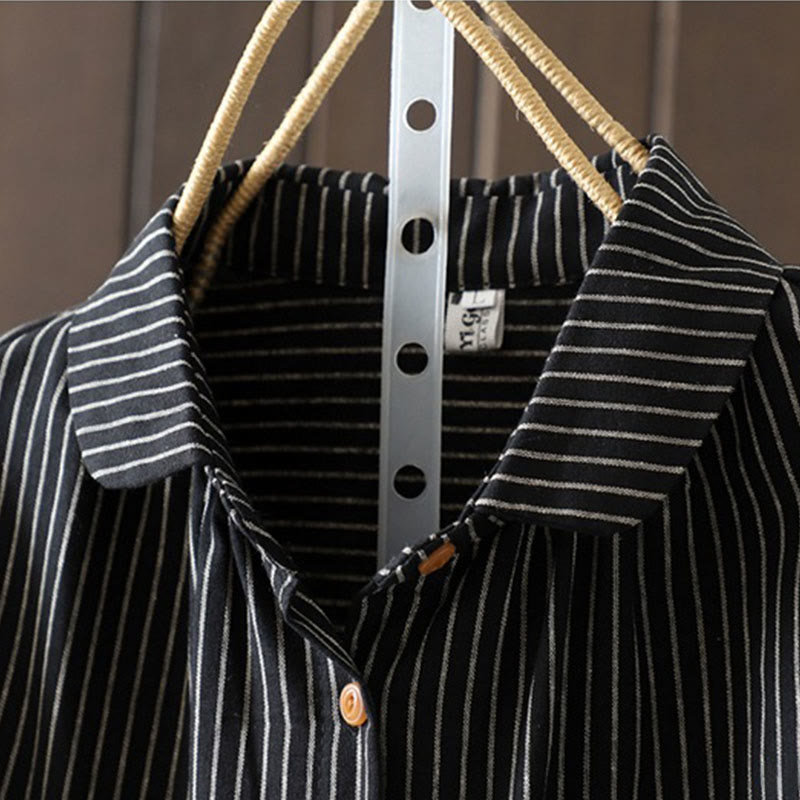 Nimara Ritual Fall Stripe Stand Collar Buttons Women's Long Sleeve Shirt With Pocket