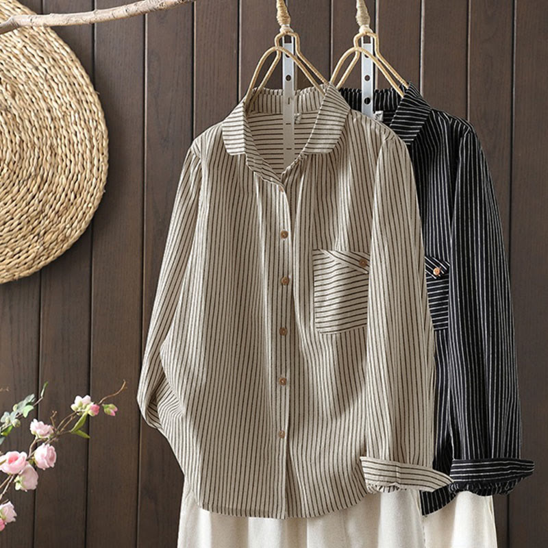 Nimara Ritual Fall Stripe Stand Collar Buttons Women's Long Sleeve Shirt With Pocket