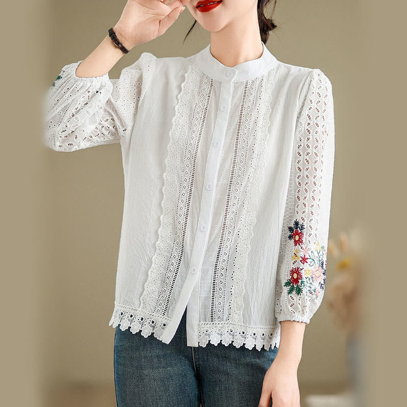 Nimara Ritual Fall Lace Embroidery Flower Leaf Pattern Stand Collar Buttons Women's Long Sleeve Shirt