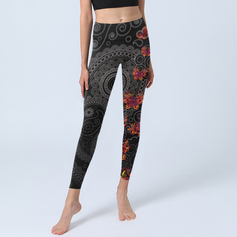 Nimara Ritual Strong Contrast Flower Paisley Pattern Gym Leggings Women's Yoga Pants