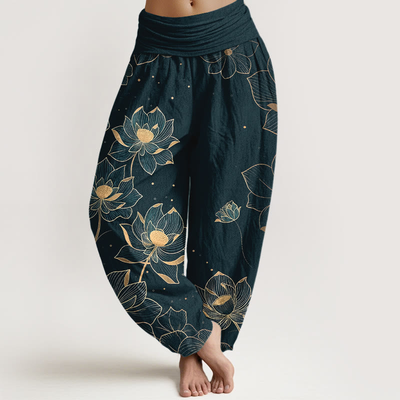 Nimara Ritual Pure Cotton Delicate Lotus Pattern Women's Elastic Waist Harem Pants