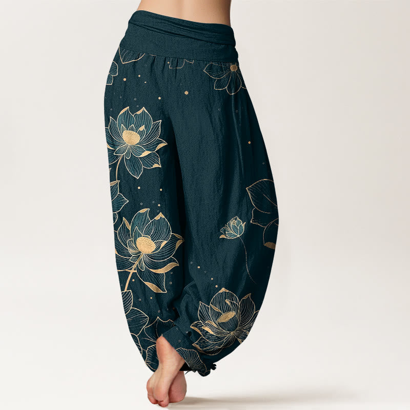 Nimara Ritual Pure Cotton Delicate Lotus Pattern Women's Elastic Waist Harem Pants