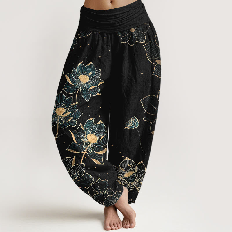 Nimara Ritual Pure Cotton Delicate Lotus Pattern Women's Elastic Waist Harem Pants