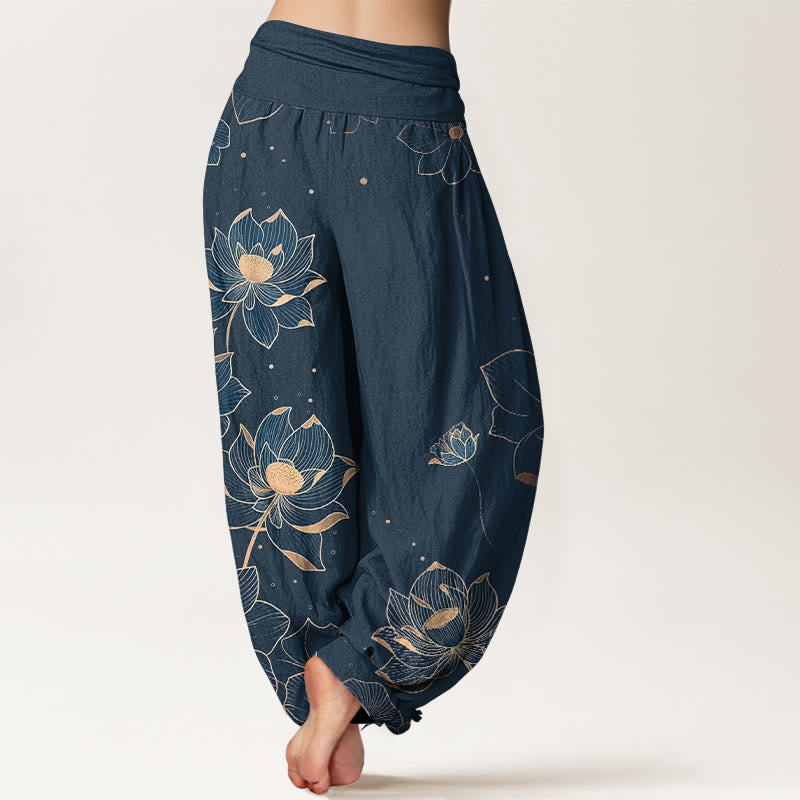 Nimara Ritual Pure Cotton Delicate Lotus Pattern Women's Elastic Waist Harem Pants