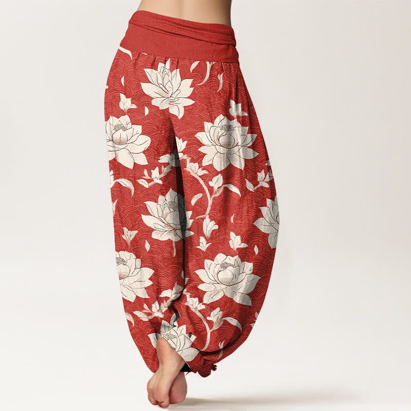 Nimara Ritual Pure Cotton Beige Lotus Pattern Women's Elastic Waist Harem Pants