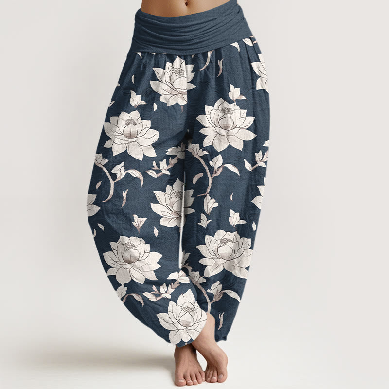 Nimara Ritual Pure Cotton Beige Lotus Pattern Women's Elastic Waist Harem Pants