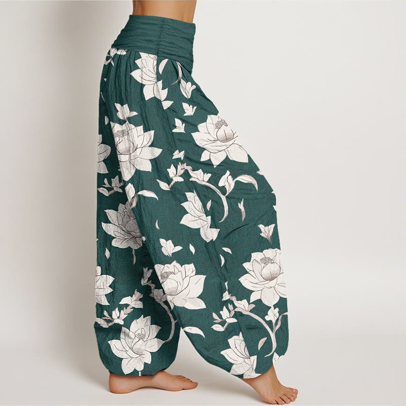Nimara Ritual Pure Cotton Beige Lotus Pattern Women's Elastic Waist Harem Pants