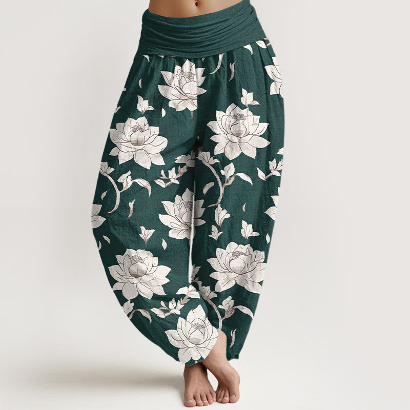 Nimara Ritual Pure Cotton Beige Lotus Pattern Women's Elastic Waist Harem Pants