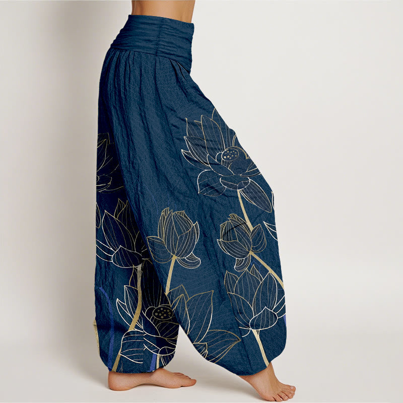 Nimara Ritual Pure Cotton Minimalist Style Lotus Flower Pod Pattern Women's Elastic Waist Harem Pants