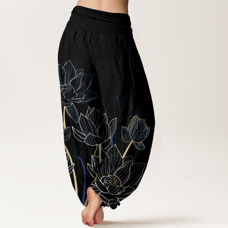 Nimara Ritual Pure Cotton Minimalist Style Lotus Flower Pod Pattern Women's Elastic Waist Harem Pants