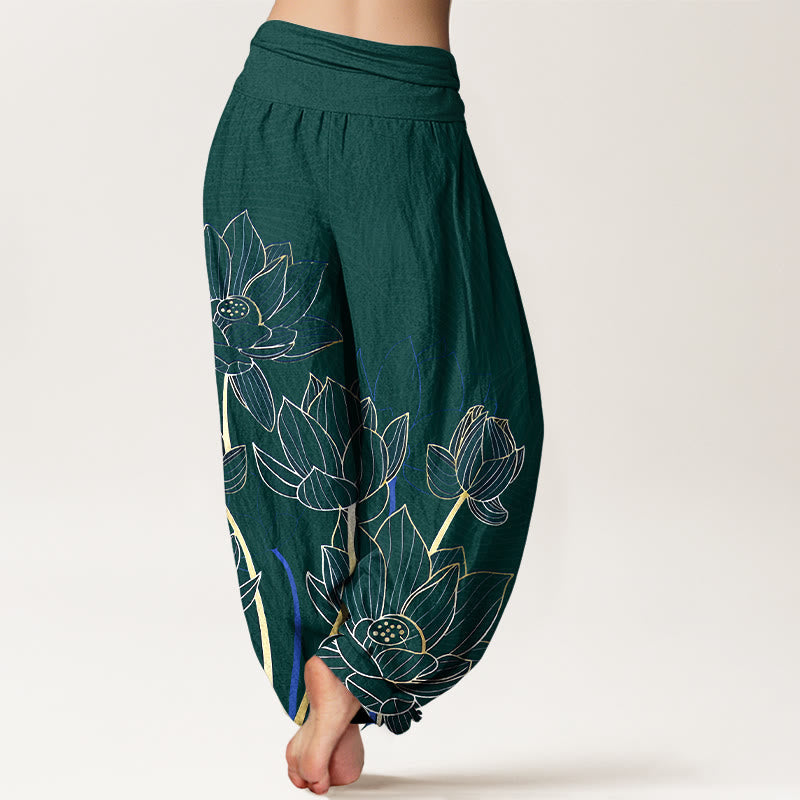 Nimara Ritual Pure Cotton Minimalist Style Lotus Flower Pod Pattern Women's Elastic Waist Harem Pants