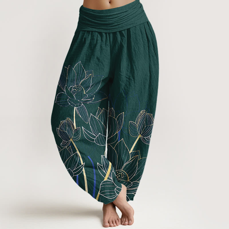 Nimara Ritual Pure Cotton Minimalist Style Lotus Flower Pod Pattern Women's Elastic Waist Harem Pants