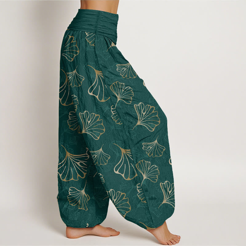 Nimara Ritual Pure Cotton Minimalist Style Ginkgo Leaves Pattern Women's Elastic Waist Harem Pants