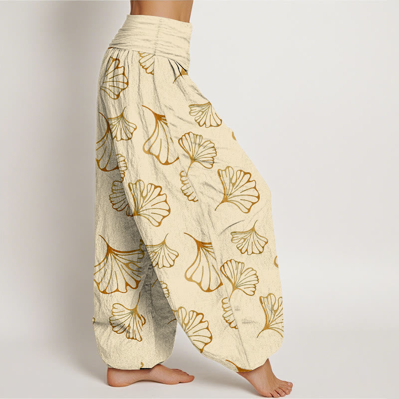 Nimara Ritual Pure Cotton Minimalist Style Ginkgo Leaves Pattern Women's Elastic Waist Harem Pants