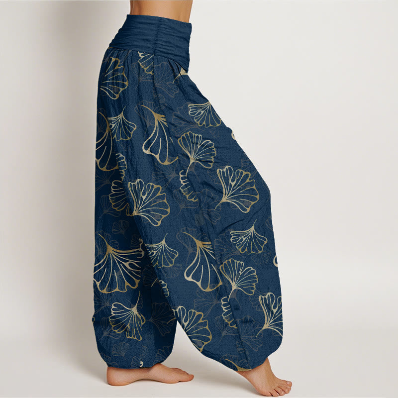 Nimara Ritual Pure Cotton Minimalist Style Ginkgo Leaves Pattern Women's Elastic Waist Harem Pants