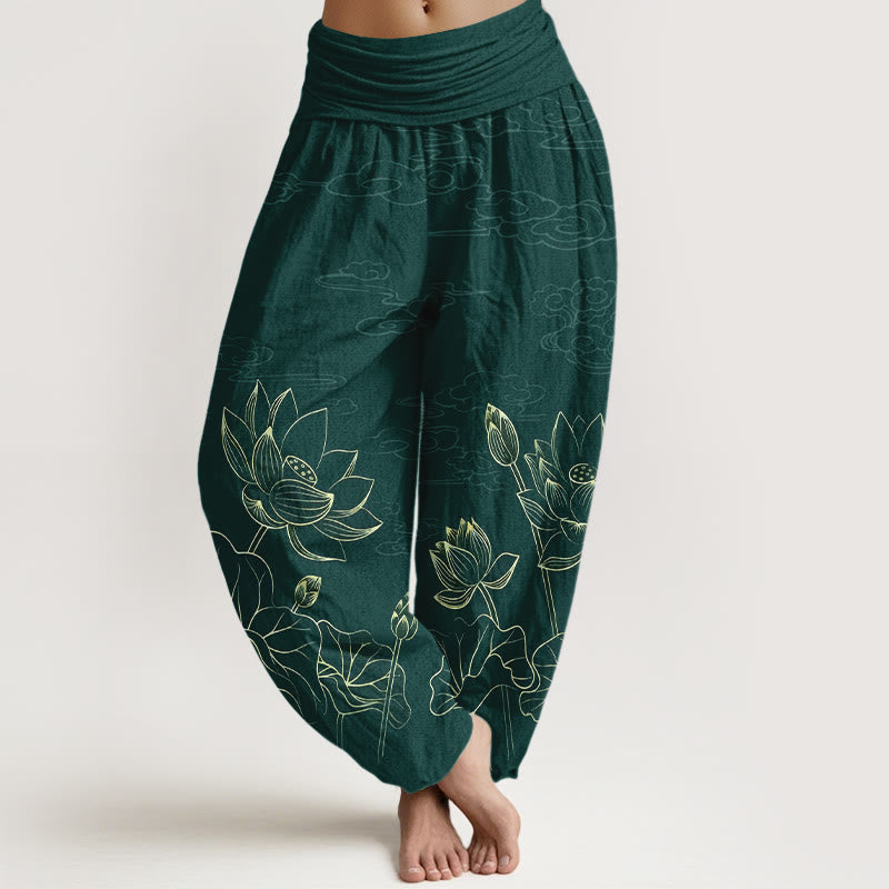Nimara Ritual Pure Cotton Concise Lotus Flower Leaf Pod Bud Cloud Pattern Women's Elastic Waist Harem Pants