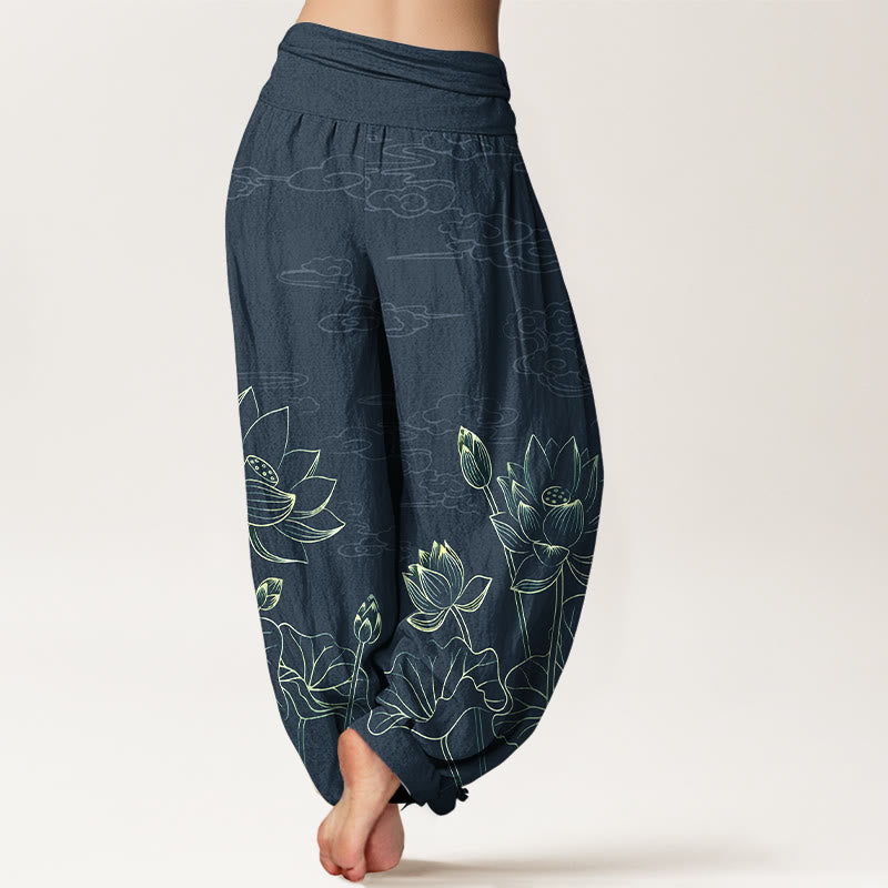 Nimara Ritual Pure Cotton Concise Lotus Flower Leaf Pod Bud Cloud Pattern Women's Elastic Waist Harem Pants