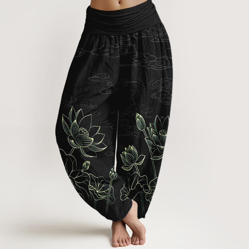 Nimara Ritual Pure Cotton Concise Lotus Flower Leaf Pod Bud Cloud Pattern Women's Elastic Waist Harem Pants