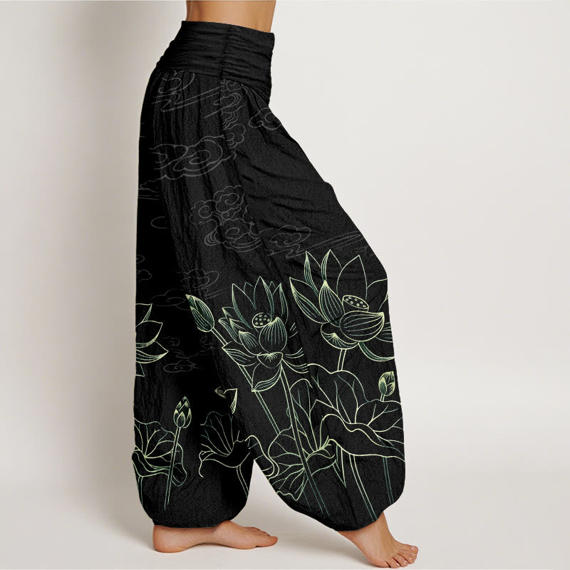 Nimara Ritual Pure Cotton Concise Lotus Flower Leaf Pod Bud Cloud Pattern Women's Elastic Waist Harem Pants