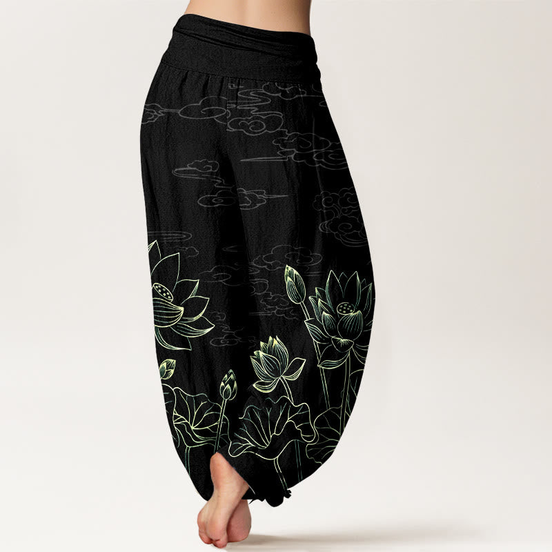 Nimara Ritual Pure Cotton Concise Lotus Flower Leaf Pod Bud Cloud Pattern Women's Elastic Waist Harem Pants