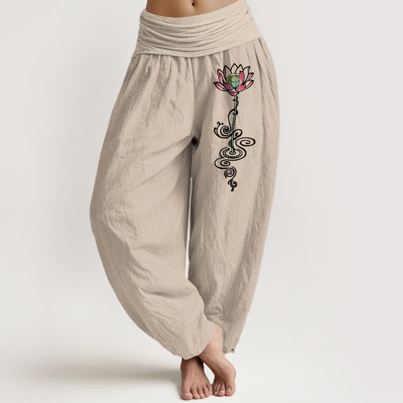 Nimara Ritual Pure Cotton Simple Lotus Flower Pattern Women's Elastic Waist Harem Pants