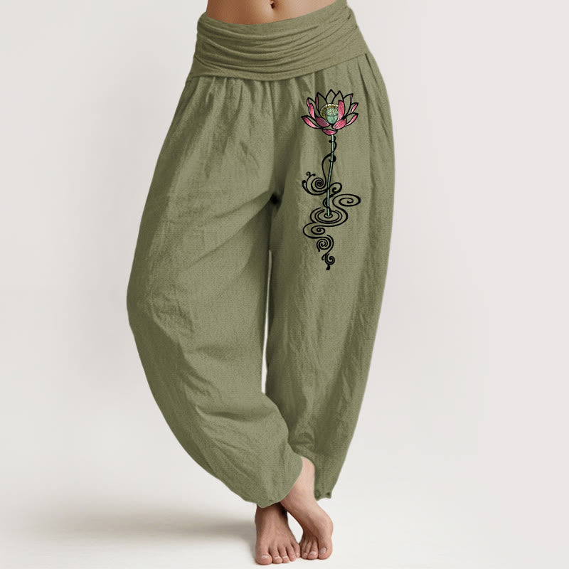 Nimara Ritual Pure Cotton Simple Lotus Flower Pattern Women's Elastic Waist Harem Pants
