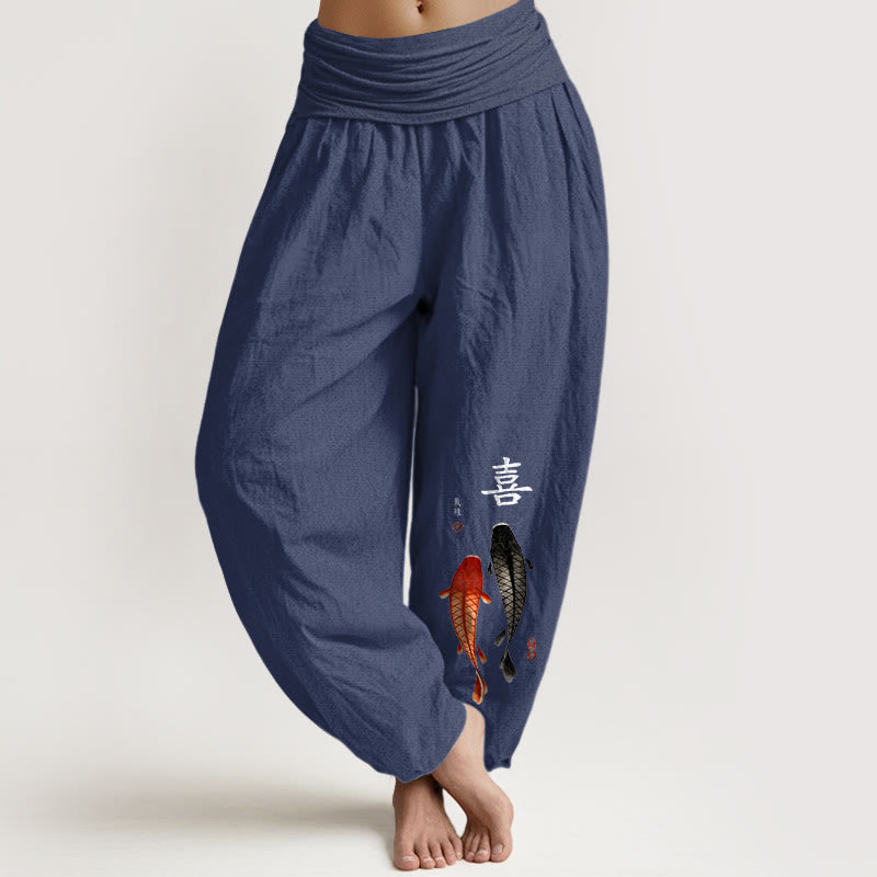 Nimara Ritual Pure Cotton Concise Koi Fish Chinese Character Pattern Women's Elastic Waist Harem Pants
