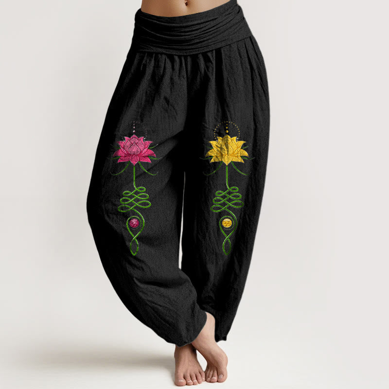 Nimara Ritual Pure Cotton Strong Color Contrast Lotus Flower Pattern Women's Elastic Waist Harem Pants
